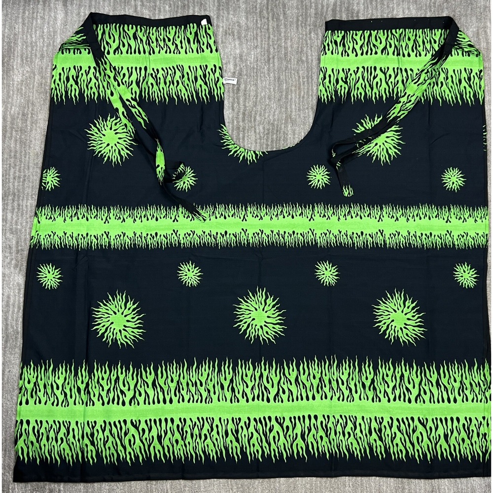 Rima Kaftan Cover Up Women OS Green Black Sunburst Flame Graphic Side Tie Poncho